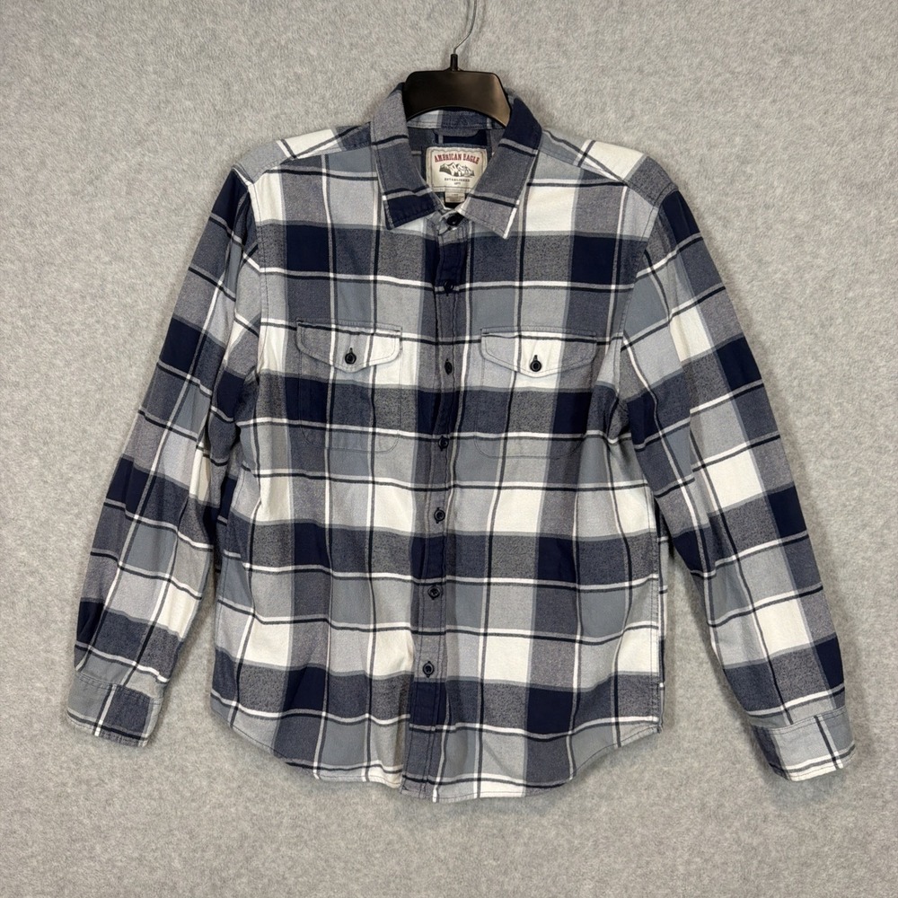 American Eagle Outfitters Men's Blue Plaid Flannel Shirt Size L 100% Cotton EUC